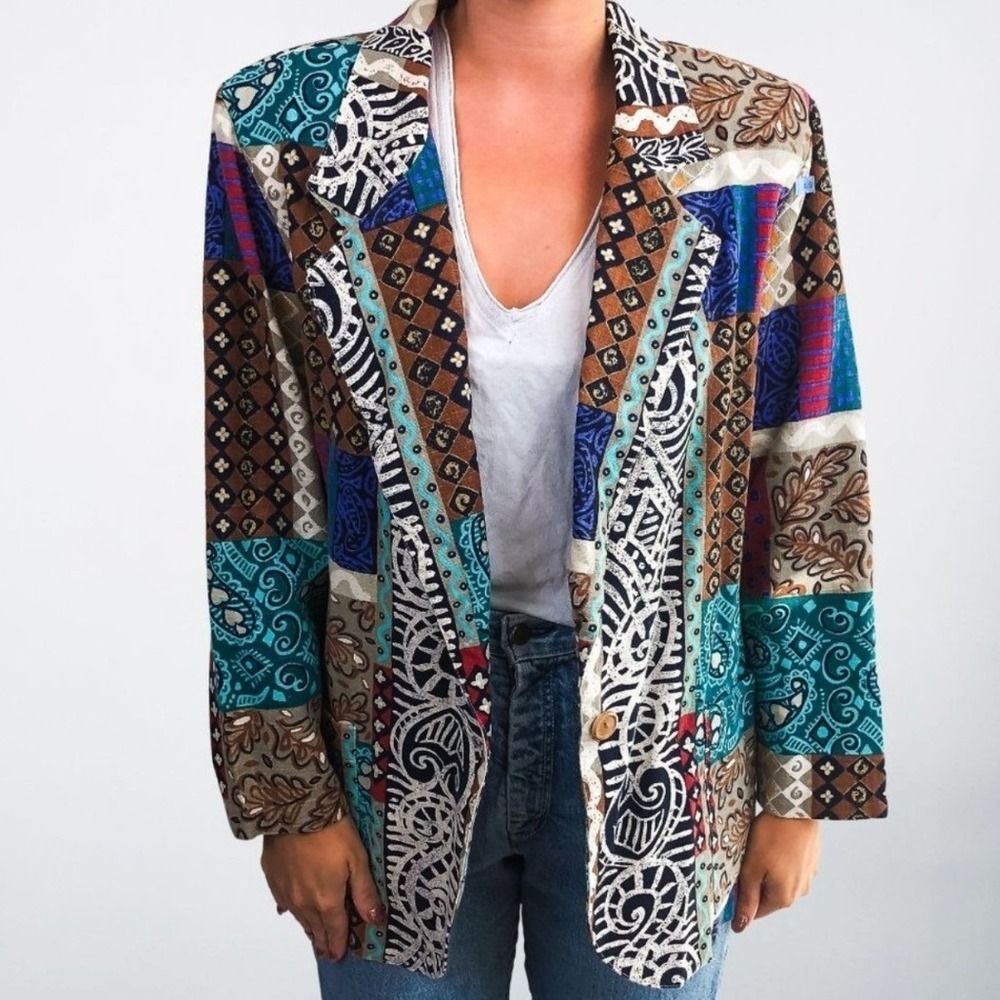Danielle B Vintage Patchwork Blazer Jacket Multi Color Cotton‎ Flax Women Large